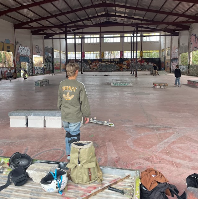 Indoor skatepark — helmets, backpack and session gear