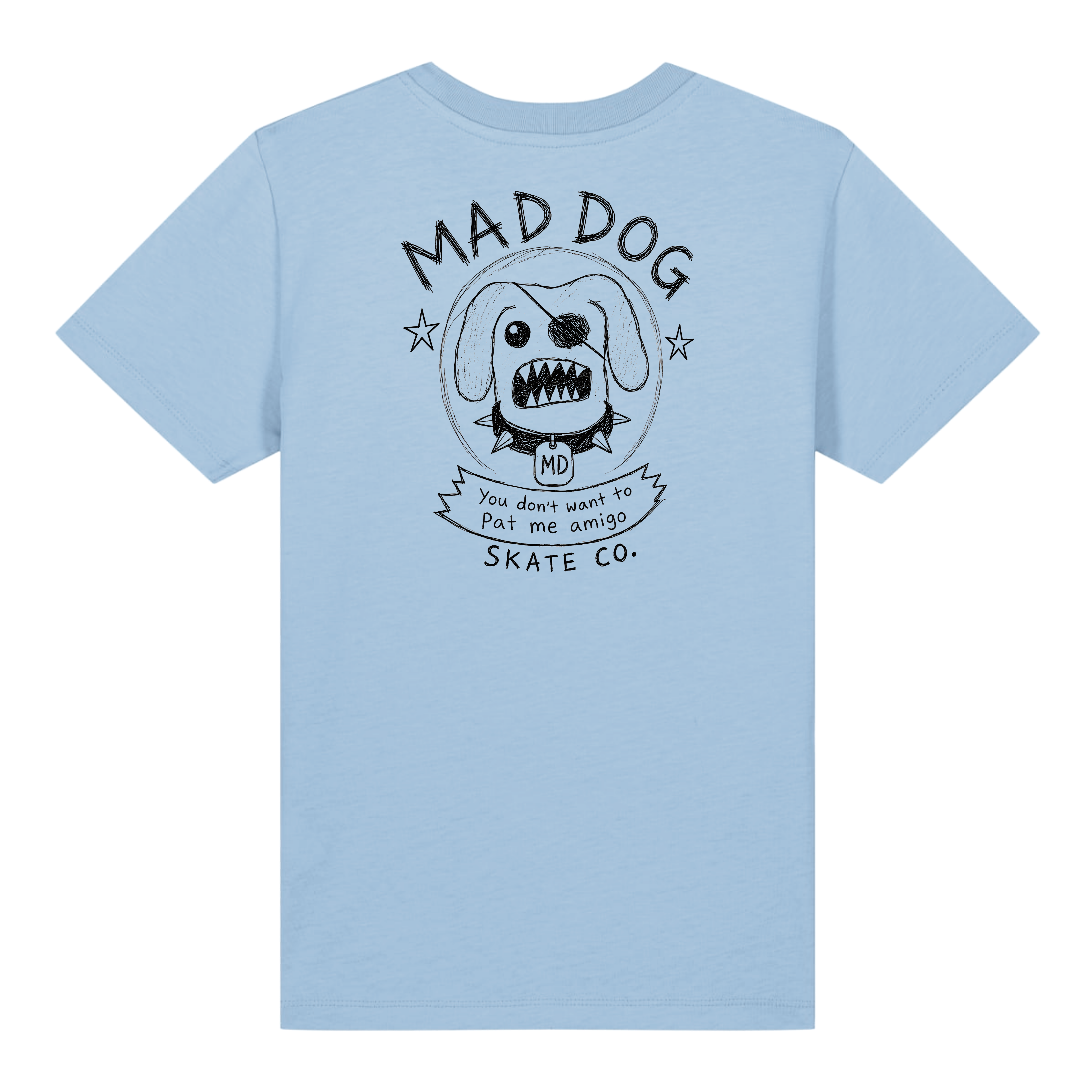 Blue tee with full Mad Dog back print